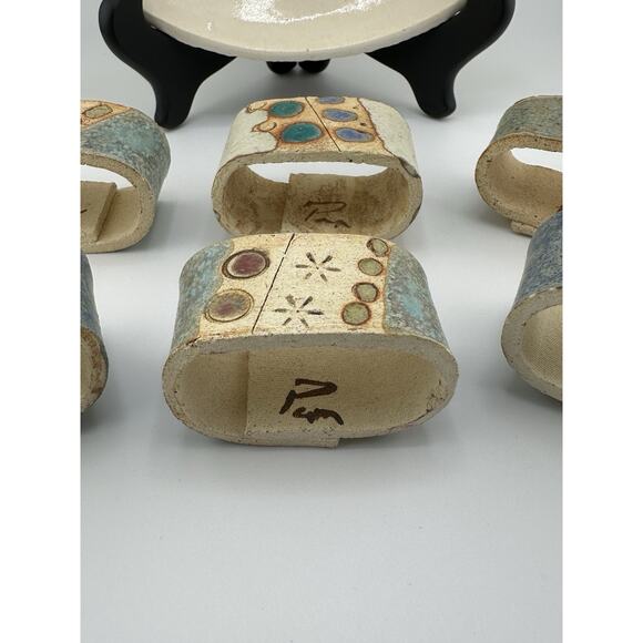 Vintage Hand Made Ceramic Slab Formed Bowl w/ 6 Naplin Rings 1998 Blue Cream - Picture 4 of 10